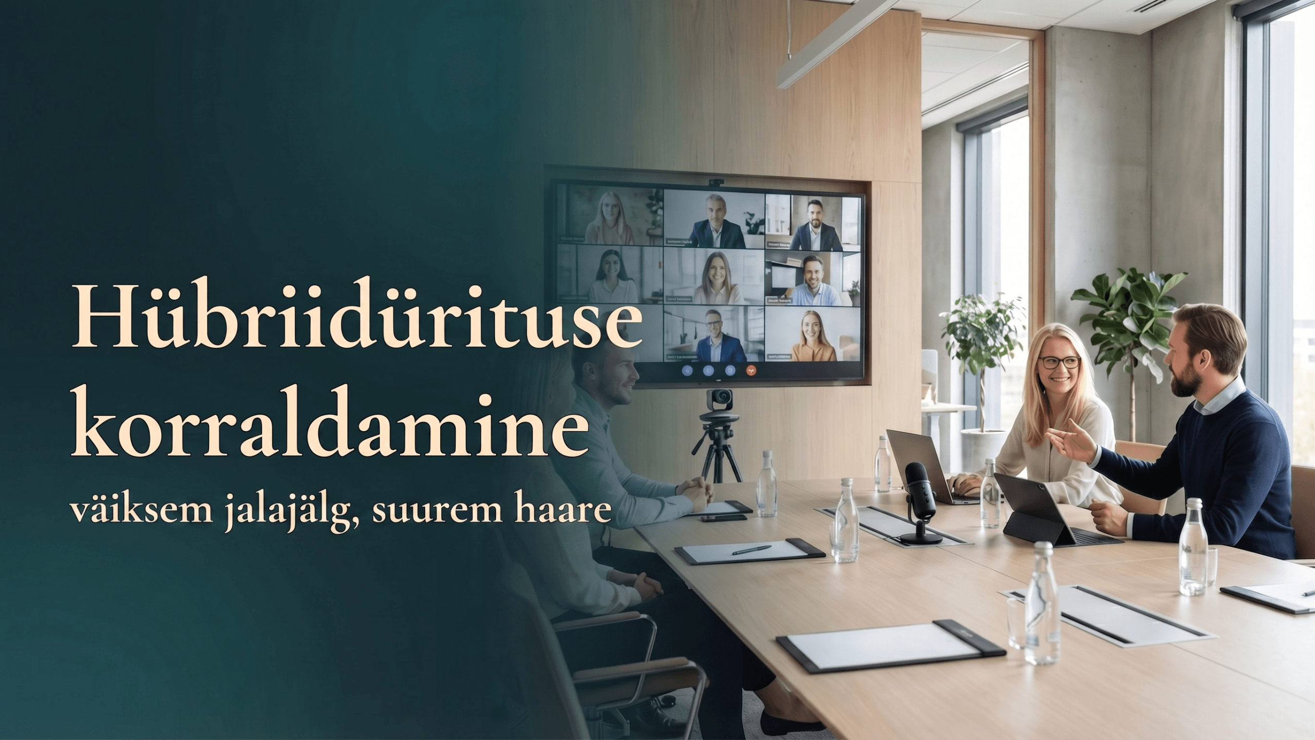 Hübriidürituse korraldamise hero pilt, kus modernses seminariruumis osalevad inimesed nii kohapeal kui ka ekraani kaudu veebis.