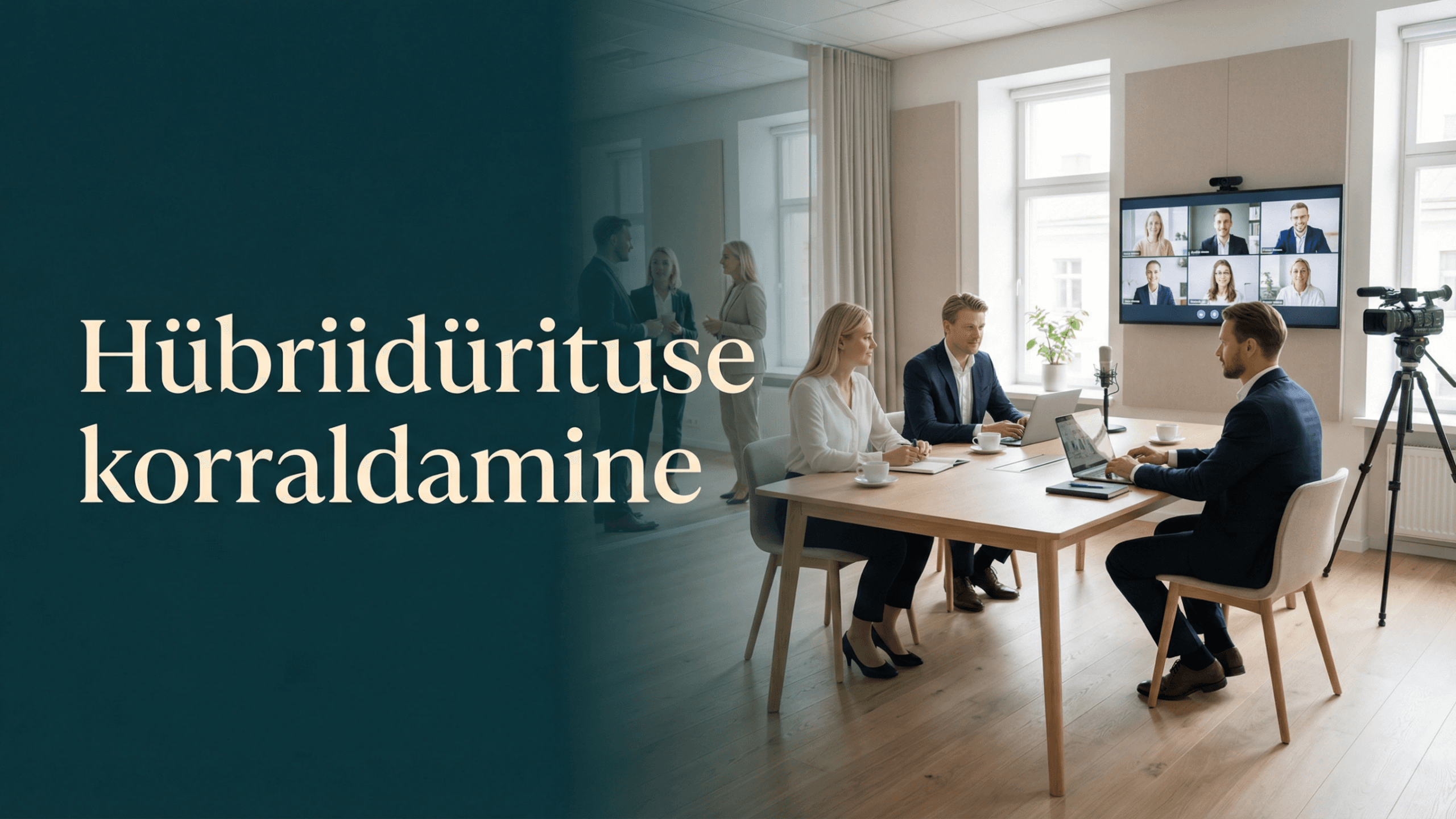 Hübriidürituse korraldamise hero pilt, kus modernses seminariruumis osalevad inimesed nii kohapeal kui ka ekraani kaudu veebis.