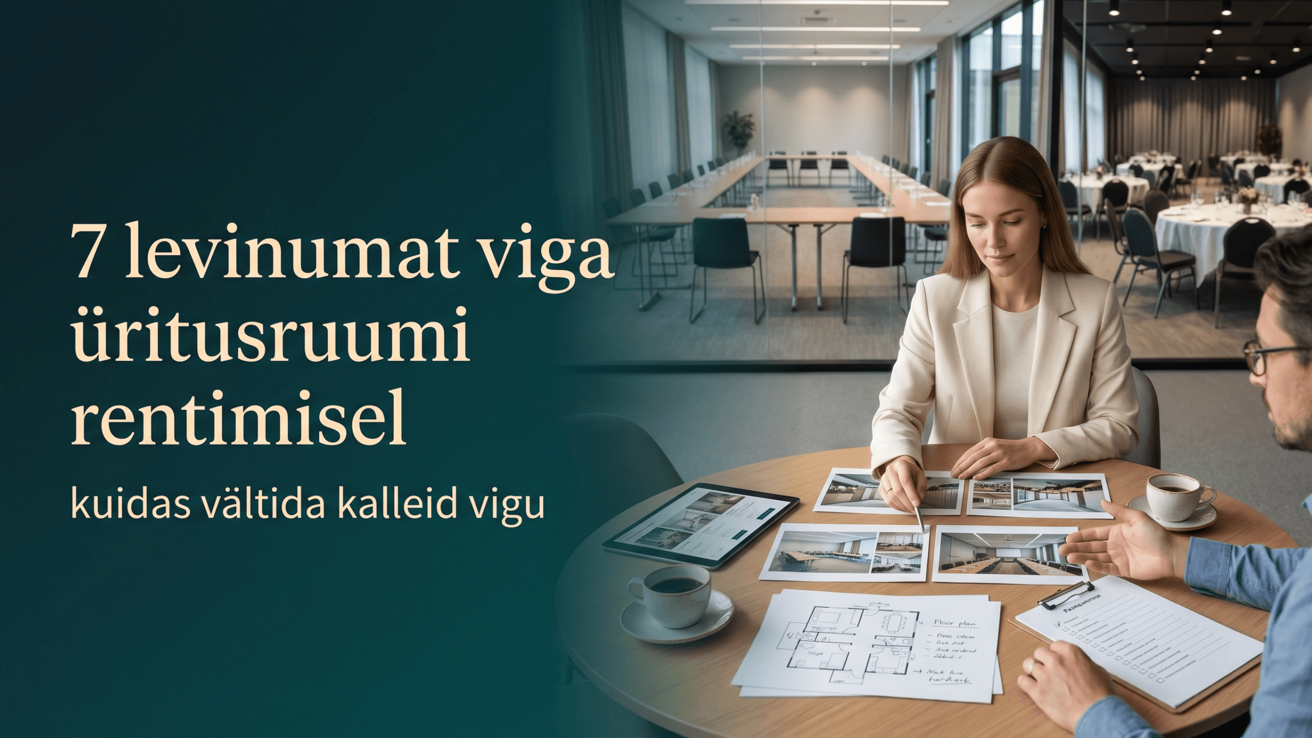 Modernne võrdlussituatsioon üritusruumi valimisel, kus laual on ruumide fotod, pakkumised ja kontrollmaterjalid ning taustal maitsekas üritusruum, illustreerimas levinud vigu üritusruumi rentimisel.