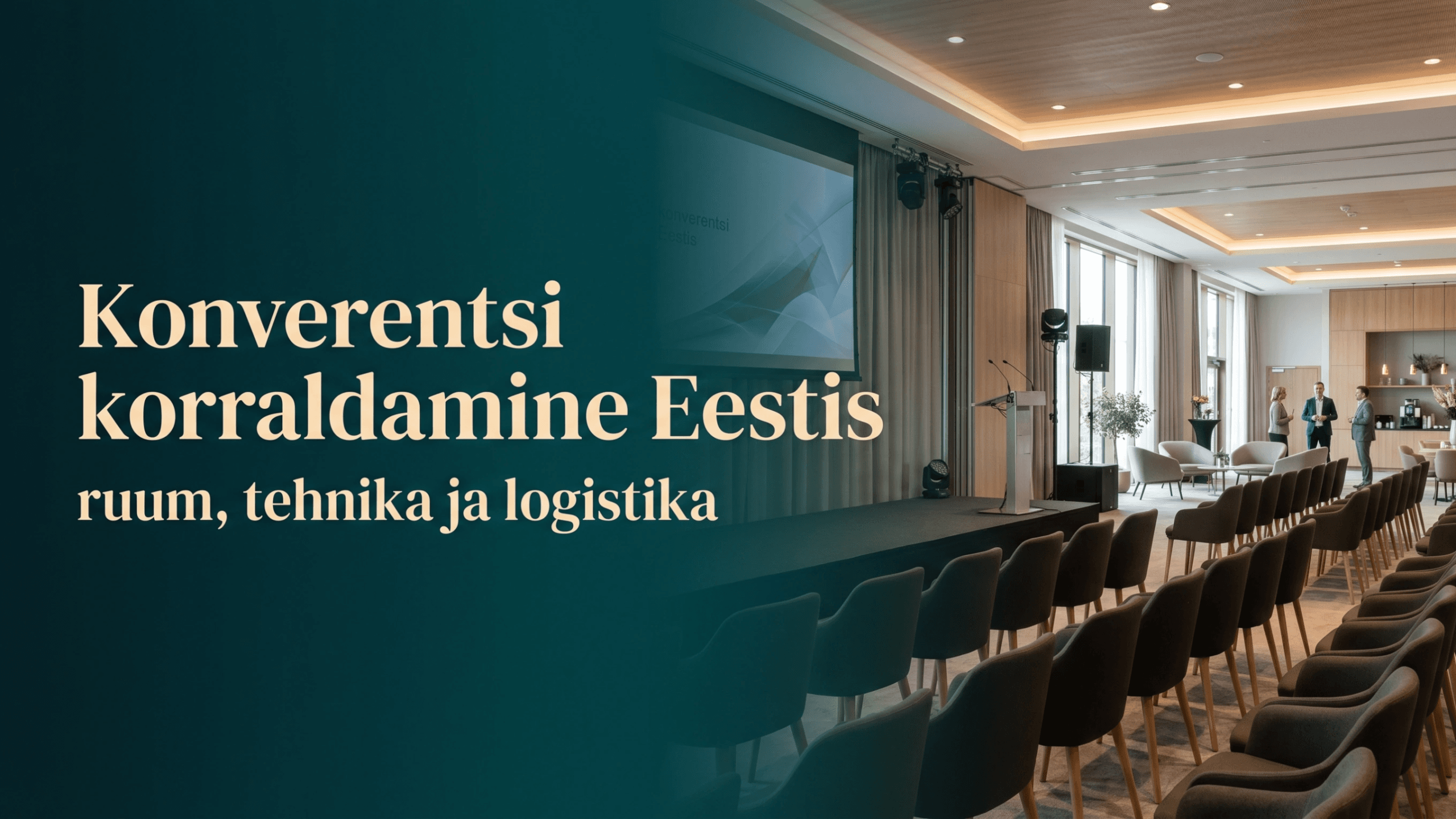 Modernne konverentsiruum Eestis esitlustehnika, istumisala ja professionaalse skandinaavialiku interjööriga, illustreerimas konverentsi korraldamise juhendit.