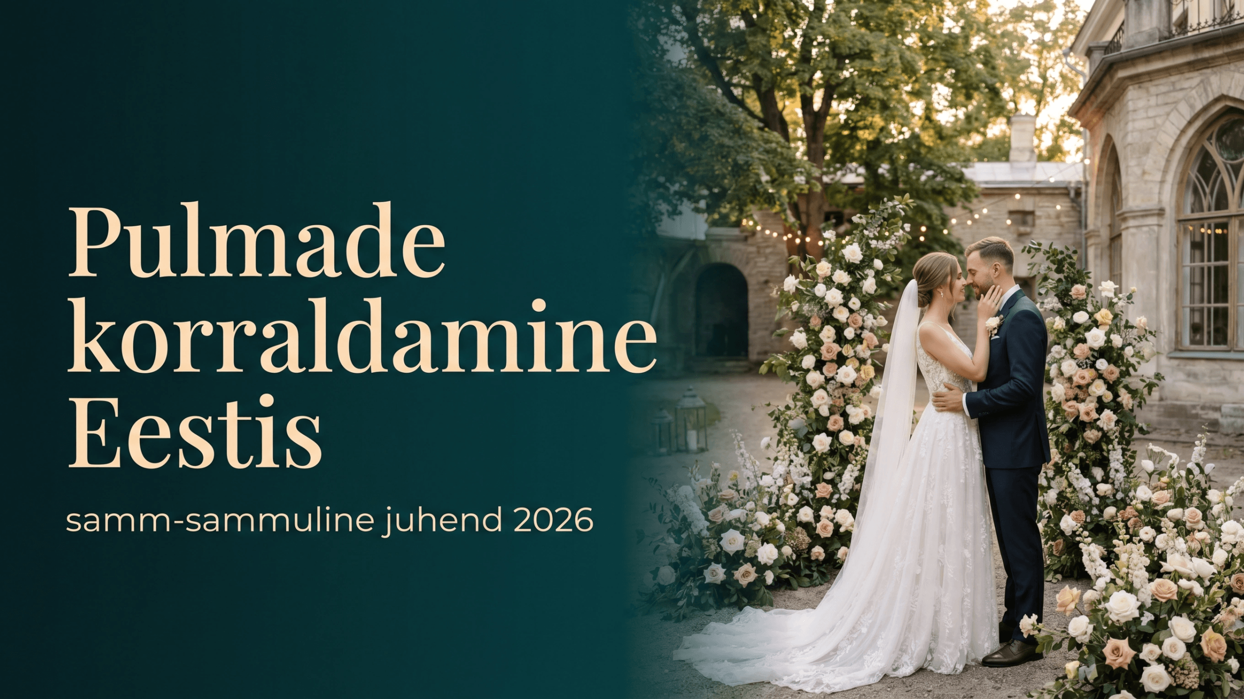 Pruutpaar mõisahoovis kuldse tunni valguses, elegantsete lillede ja romantilise pulmaatmosfääriga, Eventi stiilis hero-pildil.