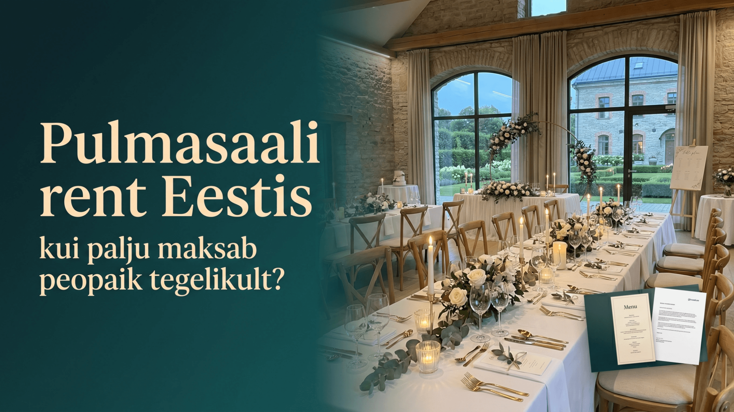 Elegantne pulmadeks kaunistatud peosaal piduliku lauakatte, lillede ja sooja valgusega, illustreerimas artiklit pulmasaali rendi tegelikust hinnast Eestis.