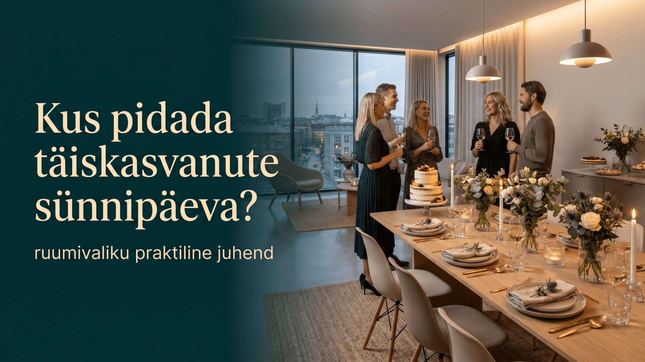 Elegantne täiskasvanute sünnipäevaks kaunistatud peopaik kaetud laua, tordi, sooja valguse ja modernse skandinaavialiku interjööriga.