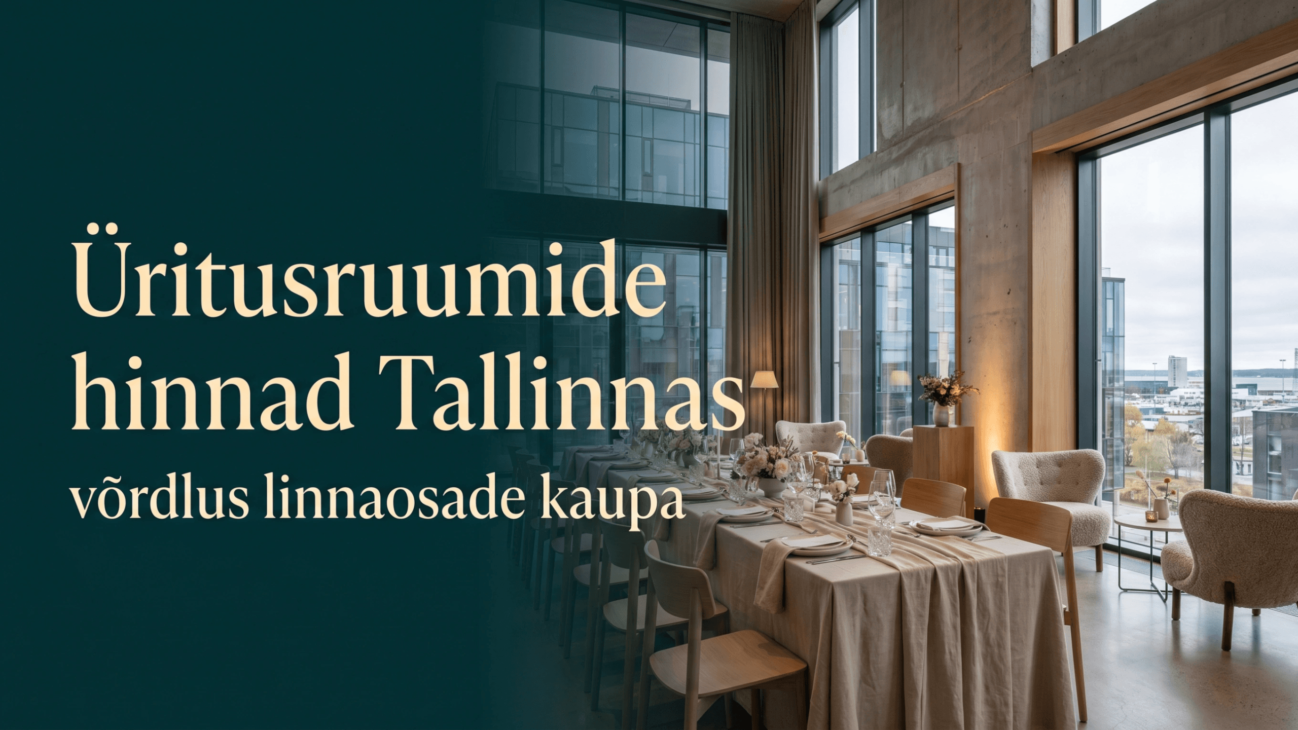 Modernne Tallinna üritusruum linnavaate, elegantse lauakatte ja kaasaegse skandinaavialiku interjööriga, illustreerimas artiklit üritusruumide hindade võrdlusest linnaosade kaupa.