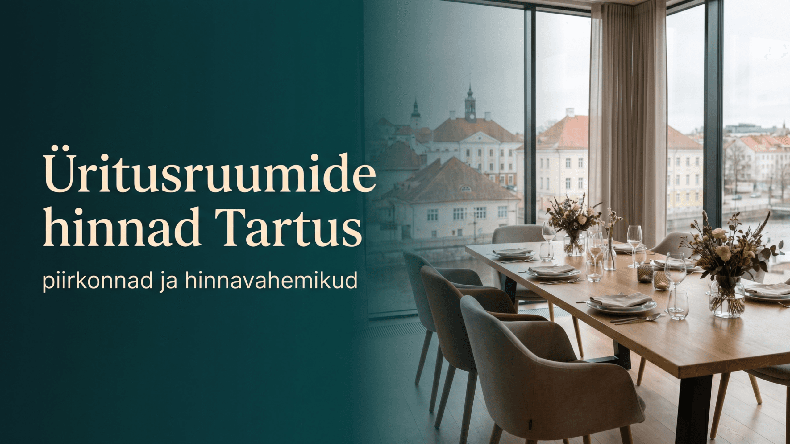 Modernne Tartu üritusruum elegantse lauakatte, heleda skandinaavialiku interjööri ja linnavaatega, illustreerimas artiklit üritusruumide hindadest, piirkondade võrdlusest ja hinnavahemikest Tartus.