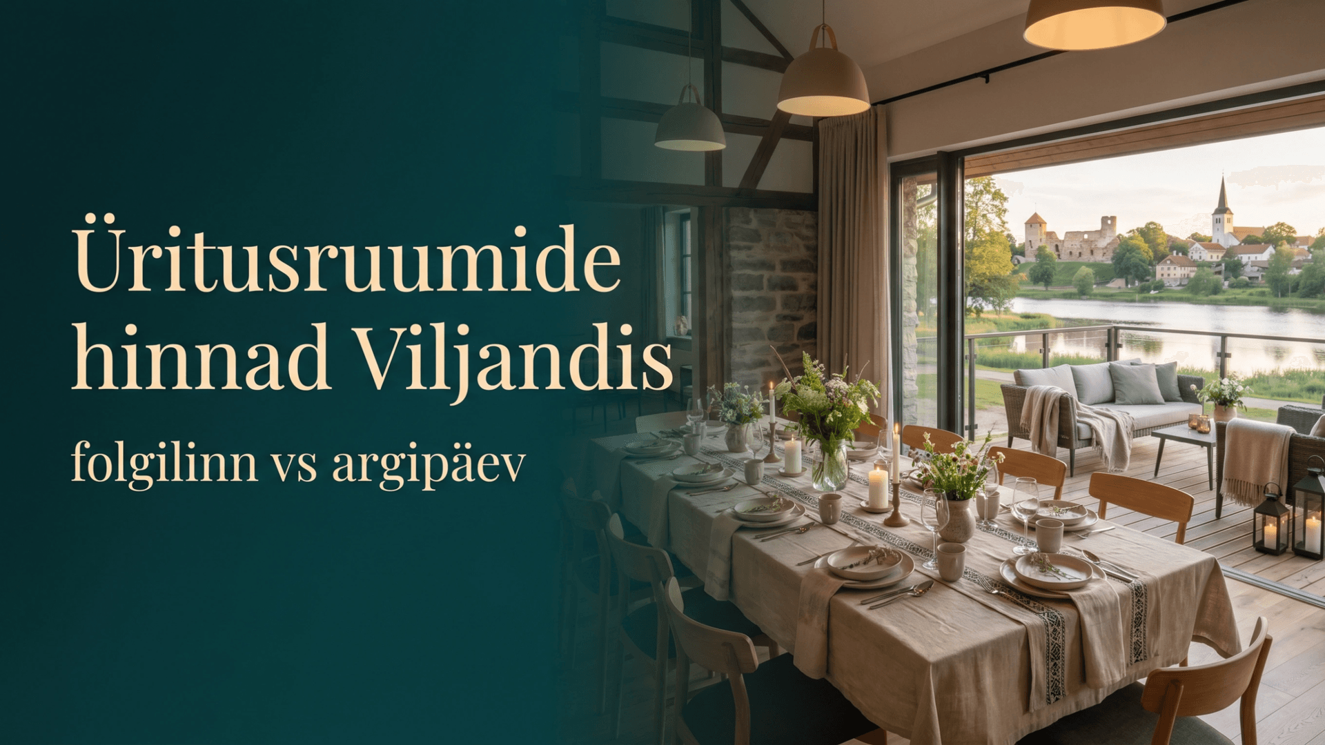 Modernne Viljandi üritusruum sooja valguse, maitsekalt kaetud laudade ja folgilinnale omase hubase atmosfääriga, illustreerimas artiklit üritusruumide hindadest Viljandis.