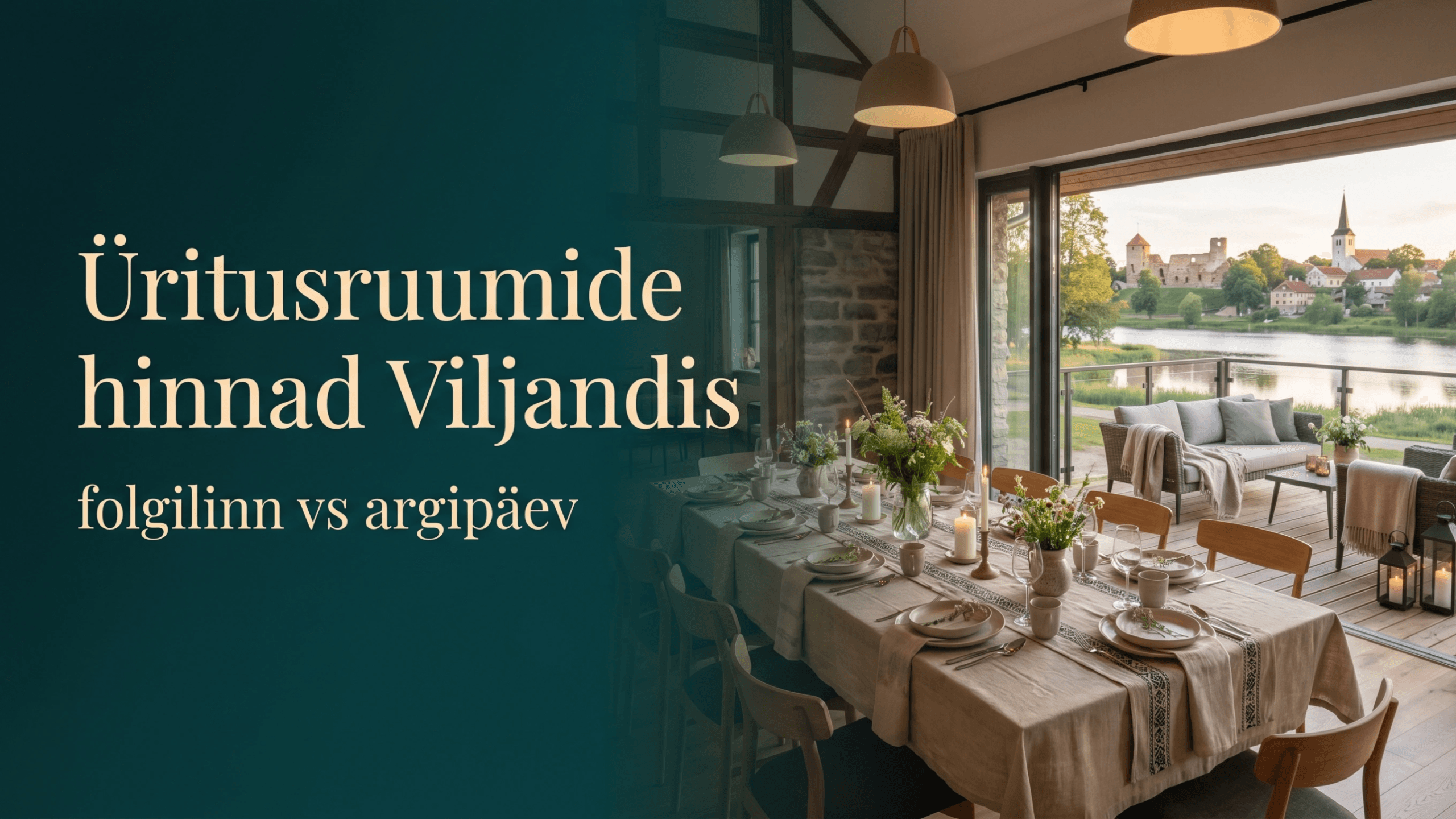 Modernne Viljandi üritusruum sooja valguse, maitsekalt kaetud laudade ja folgilinnale omase hubase atmosfääriga, illustreerimas artiklit üritusruumide hindadest Viljandis.