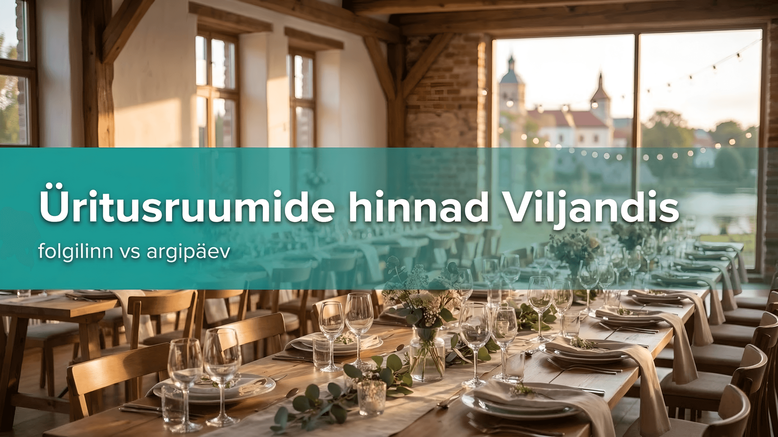 Viljandi üritusruum 2026 – elegantselt kaetud pikalauad klaasidega, taustal Viljandi vanalinna torni siluett akna kaudu