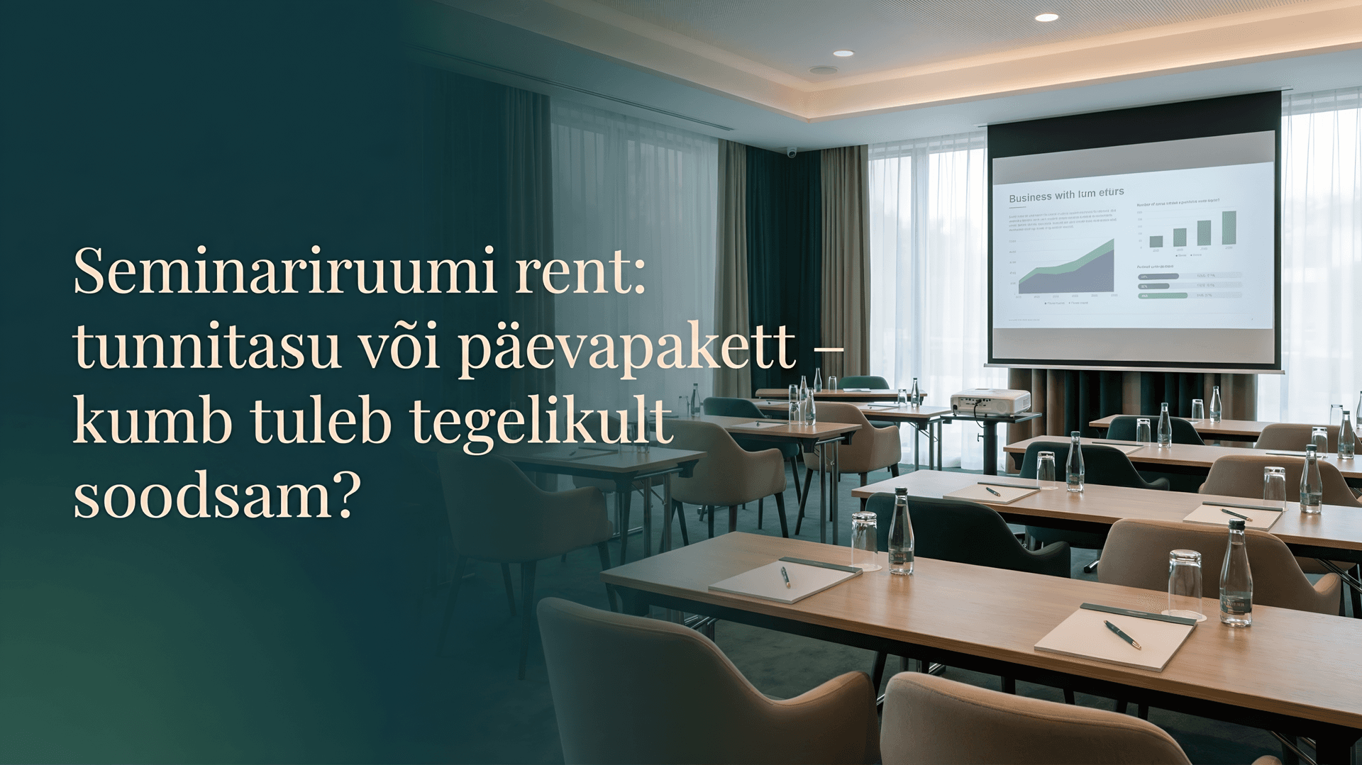 Seminariruum esitlustehnika ja istumisalaga, rõhutades seminariruumi rendi, tunnitasu ja päevapaketi võrdlust.