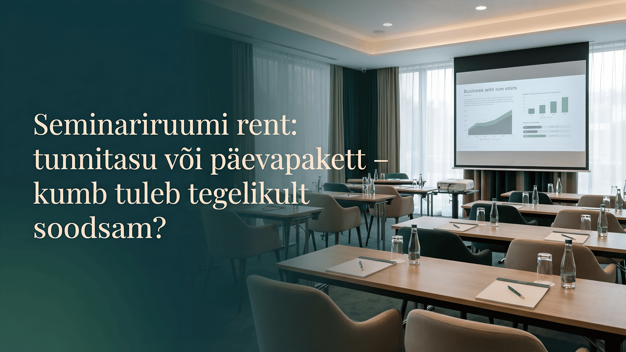 Seminariruum esitlustehnika ja istumisalaga, rõhutades seminariruumi rendi, tunnitasu ja päevapaketi võrdlust.