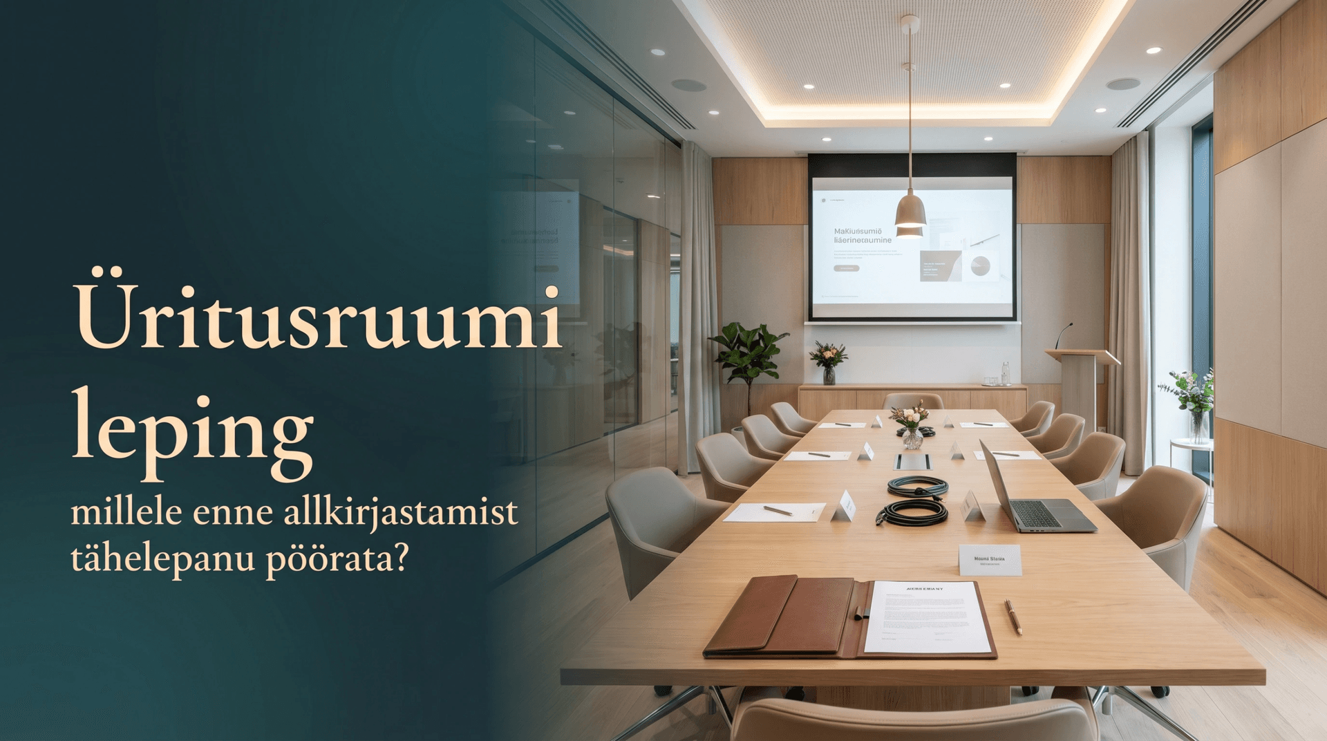 Modernne ja premium stiilis skandinaaviapärane corporate üritusruum koos konverentsilaua, esitlustehnika ja lepingudokumentidega, illustreerimas artiklit üritusruumi lepingu kontrollimisest enne allkirjastamist.