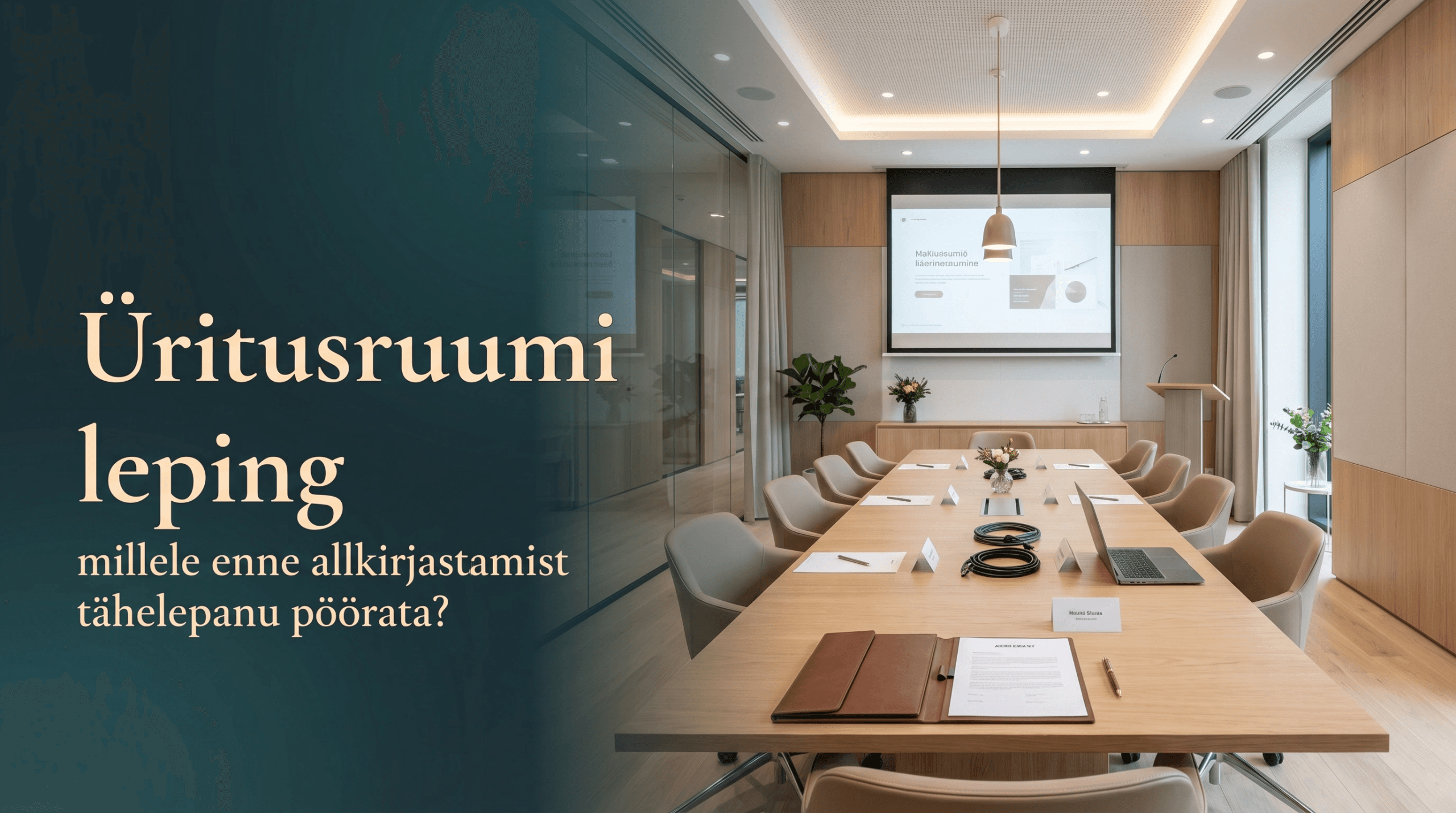 Modernne ja premium stiilis skandinaaviapärane corporate üritusruum koos konverentsilaua, esitlustehnika ja lepingudokumentidega, illustreerimas artiklit üritusruumi lepingu kontrollimisest enne allkirjastamist.
