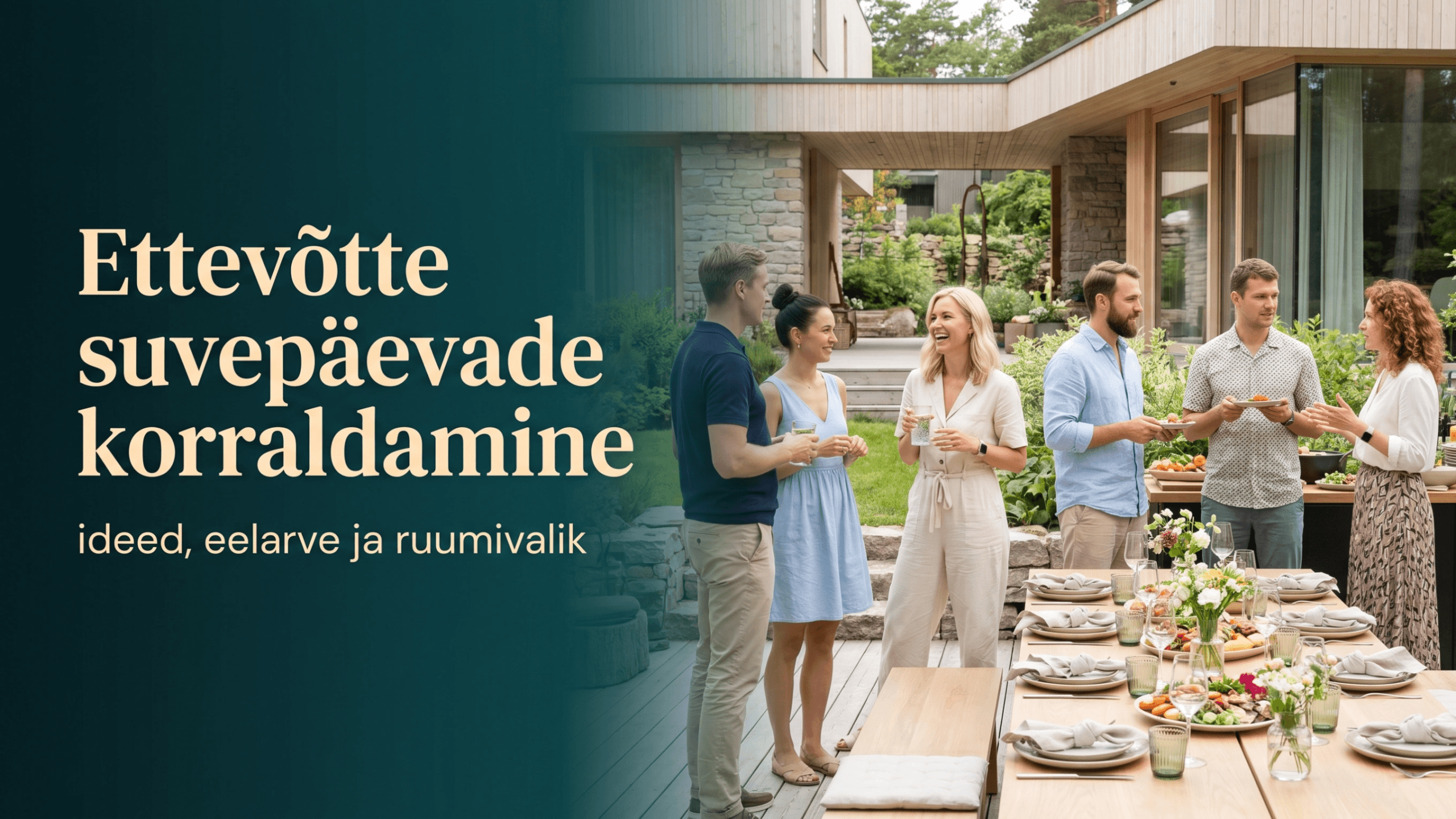 Ettevõtte suvepäevad moodsas ja valgusküllases peopaigas, kus kolleegid suhtlevad suvisel terrassil roheluse ning skandinaavialiku kujunduse keskel.