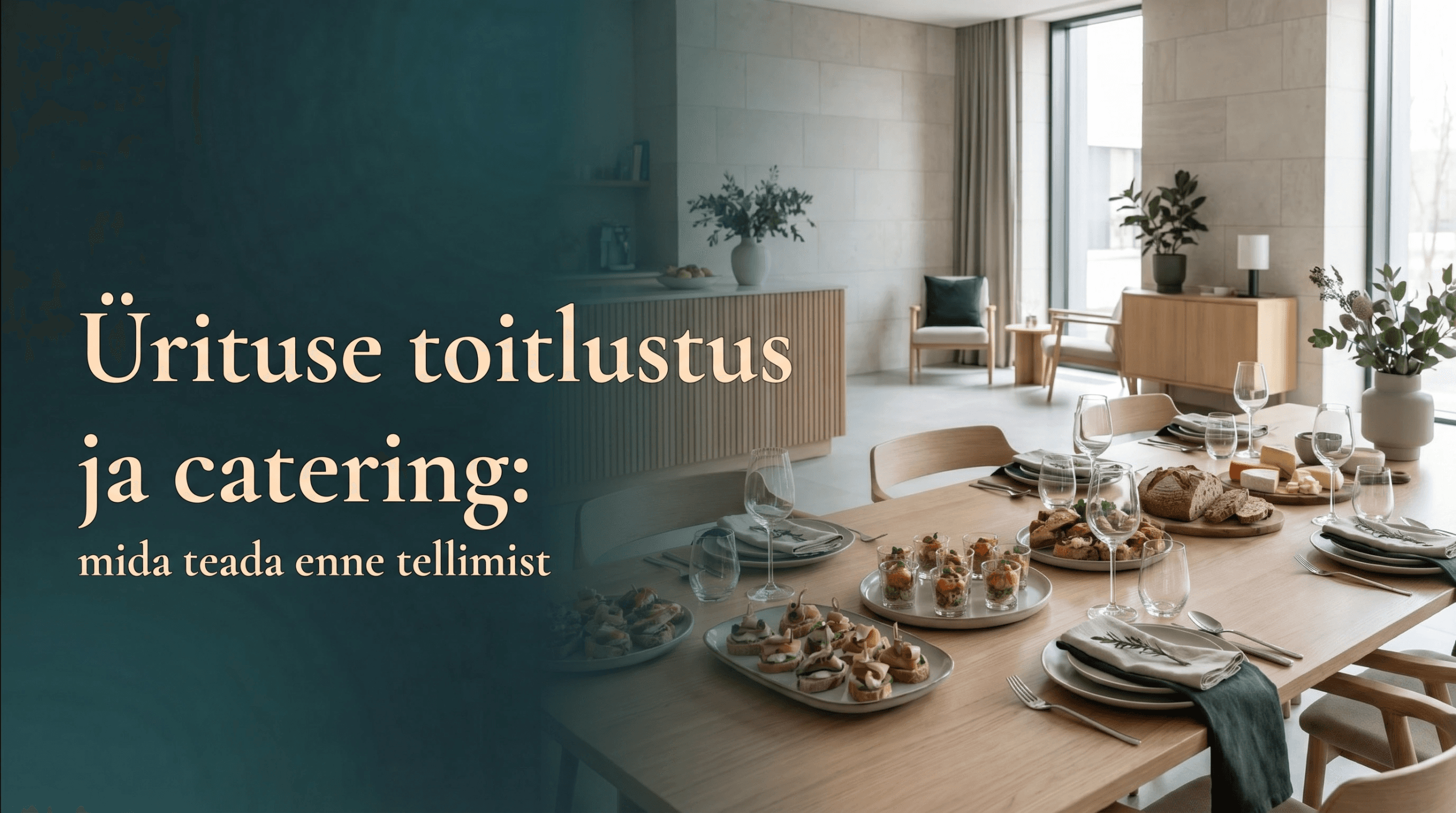 Modernne catering-lahendusega üritusruum Eventi.ee artikli hero pildil teemal ürituse toitlustus ja catering enne tellimist