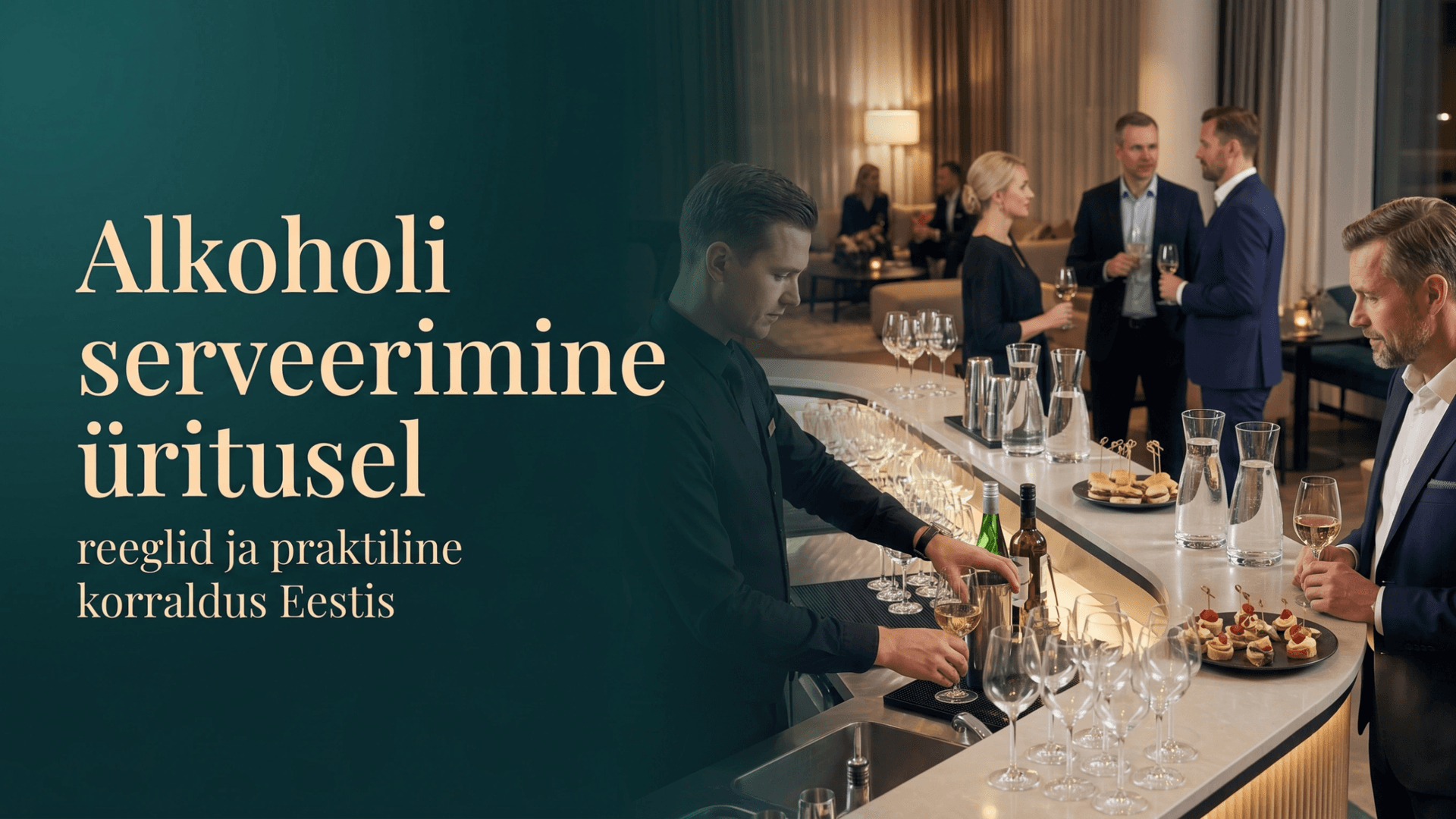 Elegantne joogiala Eesti ürituspaigas, kus baariteenindaja valmistab külalistele jooke ning laual on nähtaval veekarahvinid, alkoholivabad valikud ja korrastatud peolaua detailid.